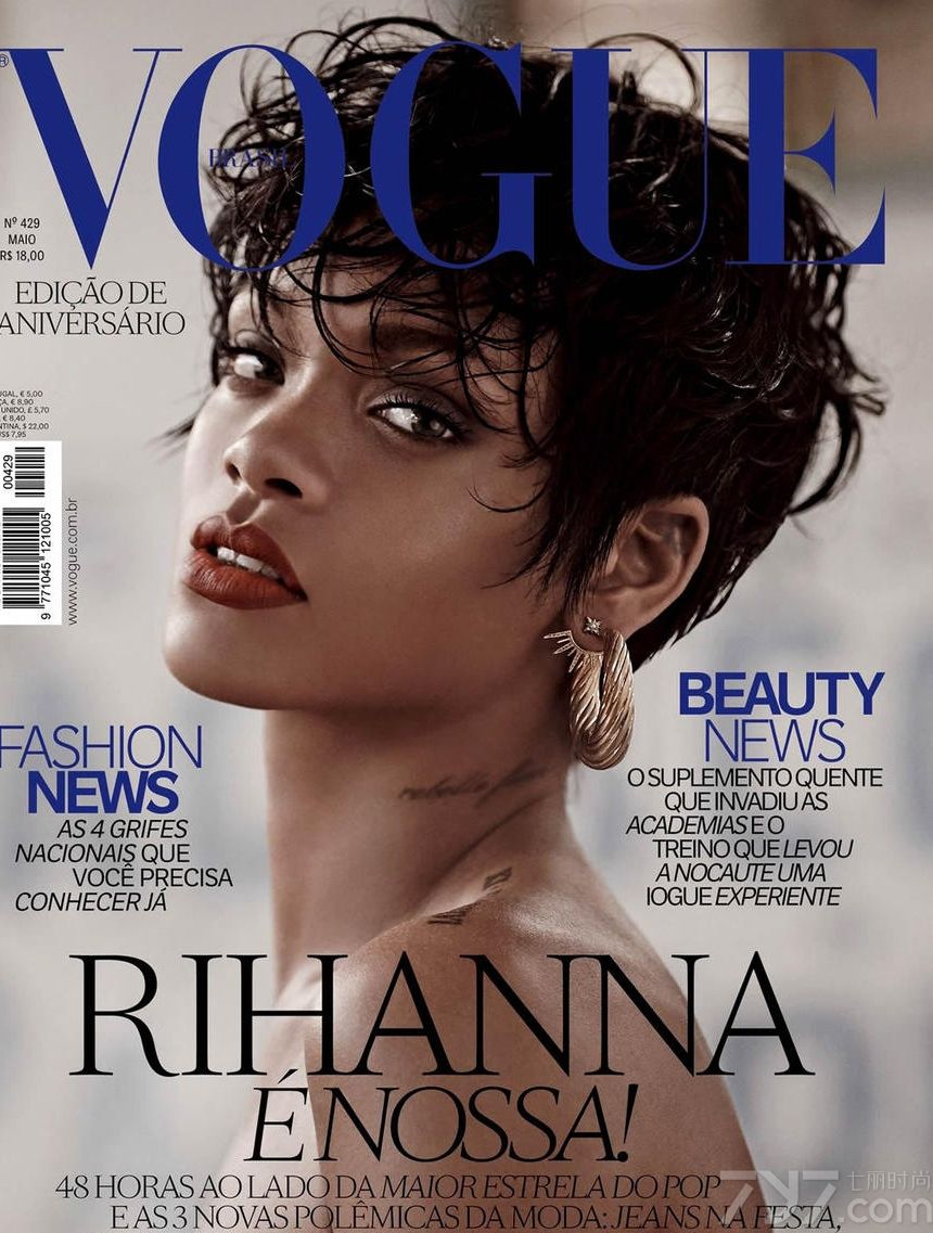 近日，欧美流行小天后蕾哈娜（Rihanna）为巴西版《Vogue》39周年刊所拍摄的封面故事——主题名为《RIRI Tropical》。第四次成为Vogue封面女郎的蕾哈娜，在巴西格兰德岛的热带海滩上，让摄影师Mariano Vivanco掌镜记录她的化身为复古热带女郎的整个过程。健康的古铜肌、丰腴的身材，都是她标志性的个人特色，混淆着天真与性感两种截然不同的韵味。