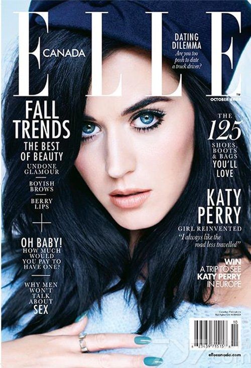 美国流行女歌手凯蒂·佩里（Katy Perry）性感热登时尚杂志《Elle》加拿大版十月刊封面，清澈明媚蓝色双眼美丽动人，一改昔日嬉皮作风，性感展现女人味十足的时尚大片！
