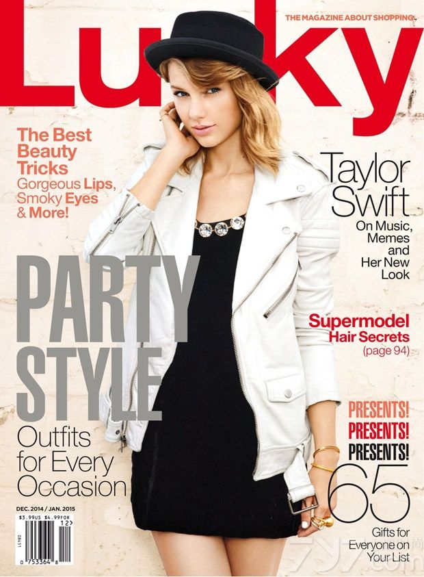 美国乡村小天后泰勒斯威夫特（Taylor Swift）登上《Lucky》杂志2014年12月/2015年1月刊封面合辑，并为其封面内面拍摄了一组时尚大片。大片中，不见了泰勒的招牌复古红唇，看上去却更清纯可人！