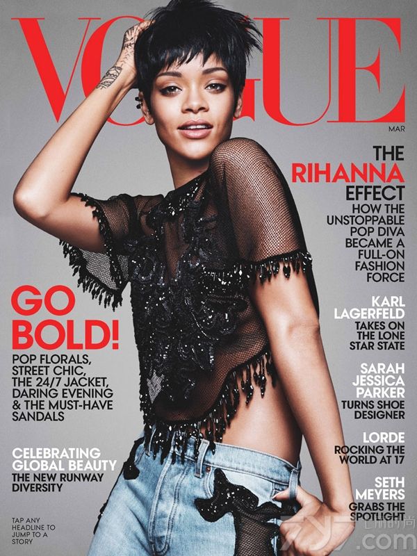 著名流行歌手蕾哈娜（Rihanna）登《Vogue 》杂志三月刊封面，演绎性感时尚大片。一头酷帅短发的她，在镜头前自信摆出各种POSE，本次封面写真图片格外吸引人，让人不仅感叹假小子也能时尚性感！