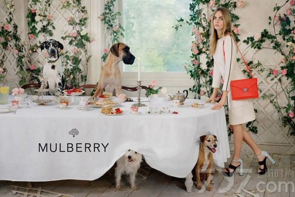 英国顶级时装品牌Mulberry近日发布了其2014年春夏广告大片，该片由2013年秋冬广告主角，来自英国的超模卡拉·迪瓦伊继续演绎，携手著名时尚摄影师Tim Walker在英国牛津郡的Shotover House完成。Mulberry2014春夏广告大片中还加入了可爱的鹦鹉、小马以及小狗等动物，以白色为主调，背景一片花的海洋，非常清新美丽！