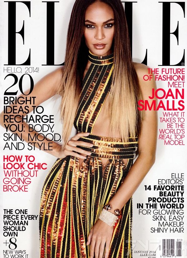 波多黎各的美女超模琼·斯莫斯（Joan Smalls）登上《ELLE》杂志美国版2014年1月刊封面，身穿土豪金和性感透视礼服以及夸张炫黑晚礼服和时尚保暖毛衣等演绎冬季时尚。