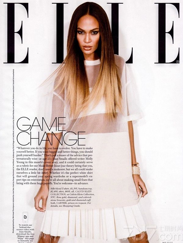 波多黎各的美女超模琼·斯莫斯（Joan Smalls）登上《ELLE》杂志美国版2014年1月刊封面，身穿土豪金和性感透视礼服以及夸张炫黑晚礼服和时尚保暖毛衣等演绎冬季时尚。