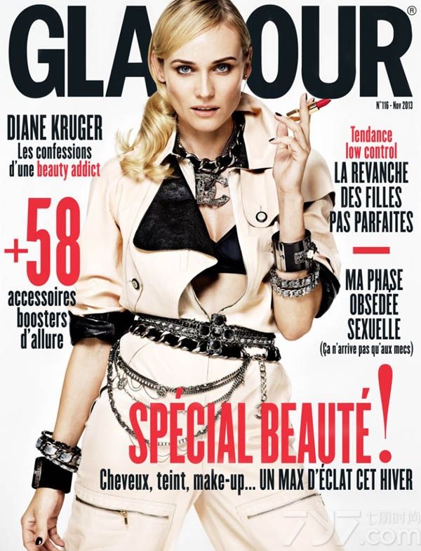 集模特、演员和主持人于一身的德国美女黛安·克鲁格（Diane Kruger）闪耀《Glamour》杂志巴黎版十一月刊封面，身着华丽香奈儿服饰演绎绚烂时尚大片。由摄影师Jason Kim执镜，Virginie Benarroch造型。