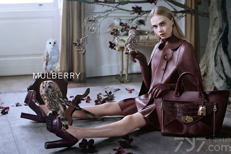 英国顶级品牌Mulberry 玛百莉2013秋冬系列包包广告大片，品牌首度邀请到名模Cara Delevingne担纲拍摄，在情境上使用了多只可爱的猫头鹰，完全符合Cara Delevingne一直以来喜爱的猫头鹰的心头好，让这次的形象照成果多了点温馨且时尚味浓厚。繁复与简约的交织，经典与前卫的风骚，个性十足又无法定义表现出女性神秘却又引人喜爱的好感。