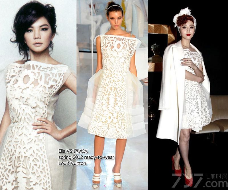 <p>SHE成员Ella穿着Louis Vuitton 2012春夏款镂空白裙登上《BAZAAR》国际中文版2012年4月号封面。这条裙子范冰冰在今年3月初巴黎2012秋冬时装周Louis Vuitton专场秀时穿过，Ella的清新女人对阵范爷的复古妖姬。内页中Ella利落短发配对Dolce & Gabbana 2012春夏珠片装饰连身裙化身复古名伶，这条裙子张雨绮也穿上身为《ELLE世界时装之苑》开始2012年4月号内页大片。这隔空撞衫一石二鸟啊!</p>